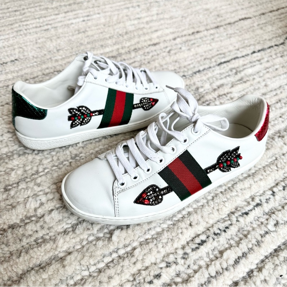 Gucci White Leather Ace Sneakers with Green and Red Web and Embellished Bee - Picture 3 of 8